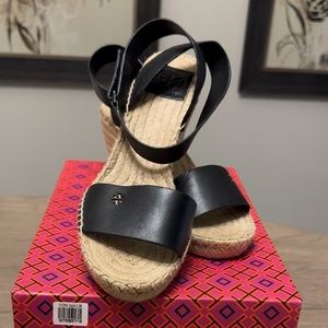 Tory Burch Black Wedge Espadrille, size 9.5. New, never worn